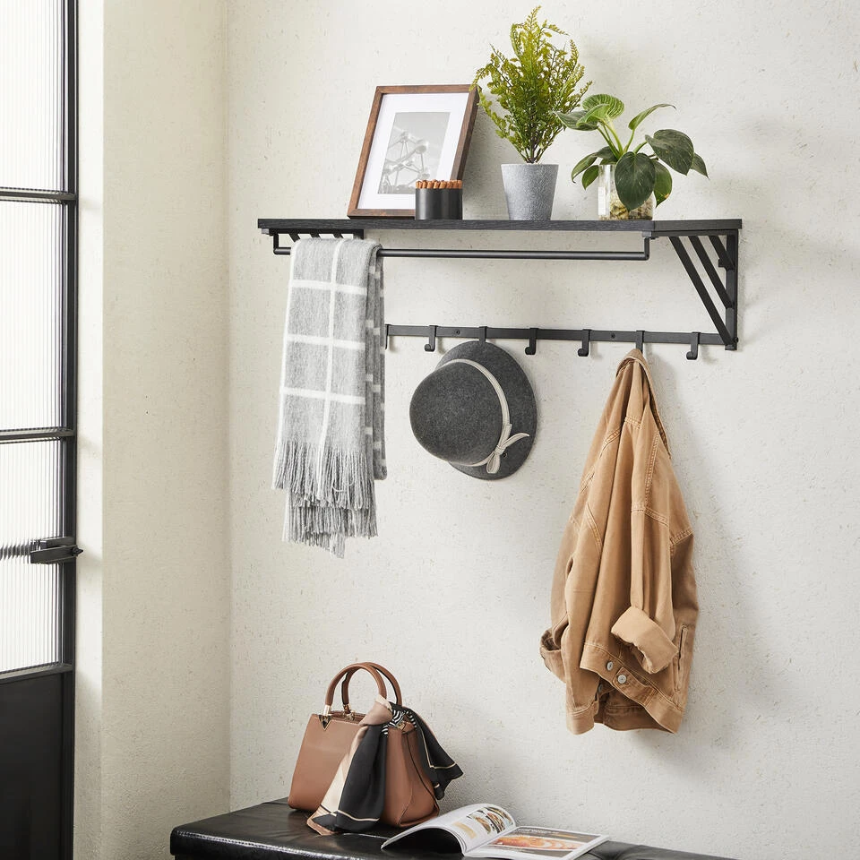 ACAZA Wandkapstok Met Plank En 7 Haken, Metaal En Hout, Zwart 4 ACAZA Wandkapstok Met Plank En 7 Haken, Metaal En Hout, Zwart - Afbeelding 2