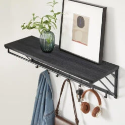 ACAZA Wandkapstok Met Plank En 7 Haken, Metaal En Hout, Zwart 8 ACAZA Wandkapstok Met Plank En 7 Haken, Metaal En Hout, Zwart -Neiuwe Order 1000034357 0102