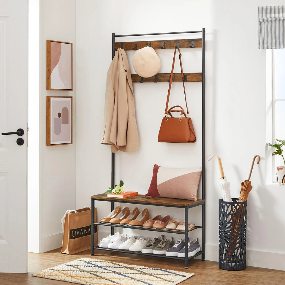 ACAZA Garderoberek XL Met Schoenenbank En Kapstok, Bruin Zwart Vintage 4 ACAZA Garderoberek XL Met Schoenenbank En Kapstok, Bruin Zwart Vintage - Afbeelding 2