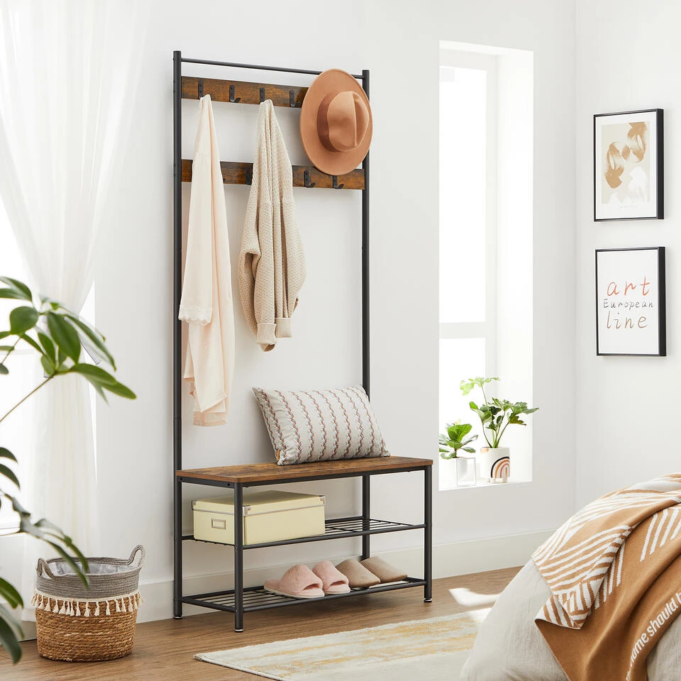 ACAZA Garderoberek XL Met Schoenenbank En Kapstok, Bruin Zwart Vintage 5 ACAZA Garderoberek XL Met Schoenenbank En Kapstok, Bruin Zwart Vintage - Afbeelding 3