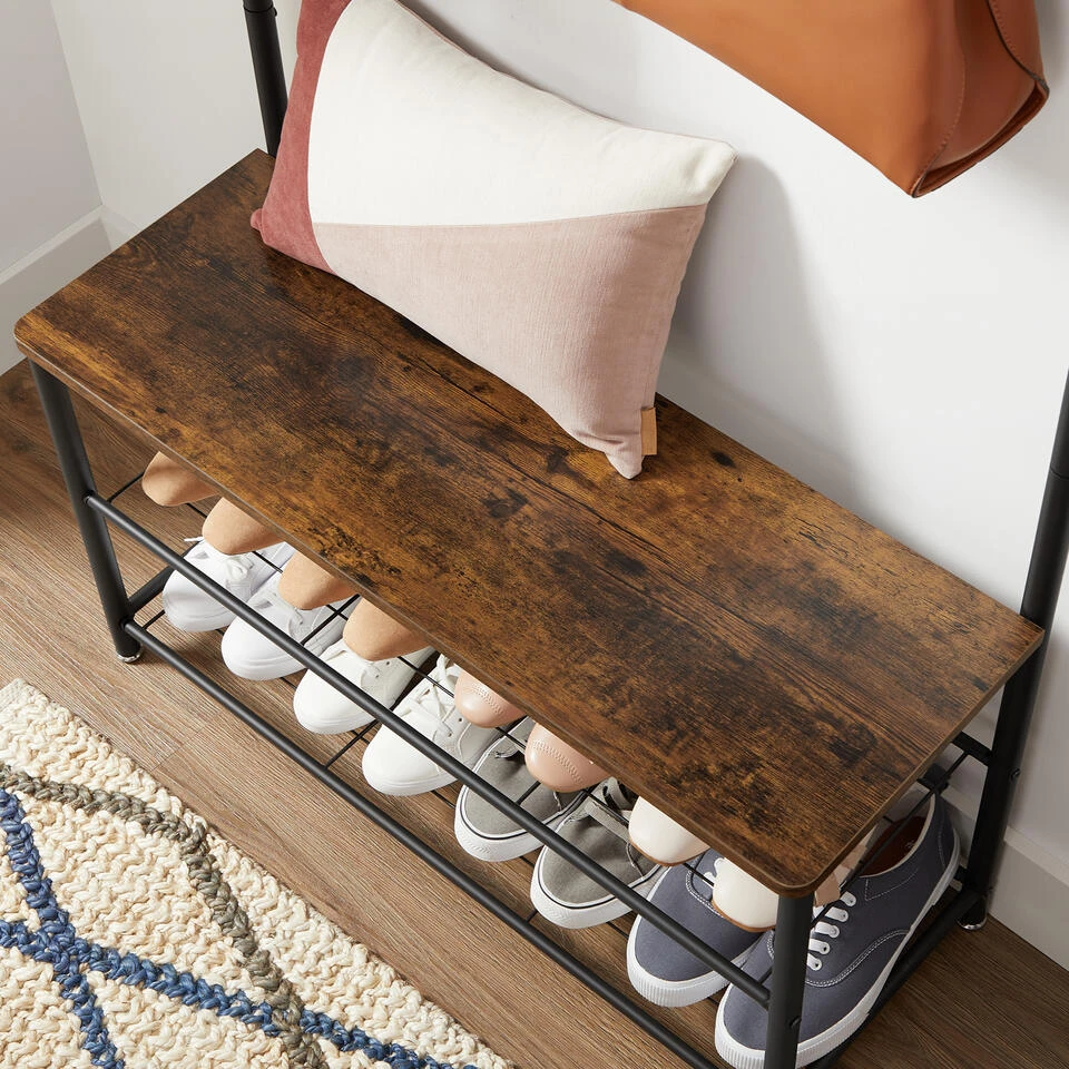 ACAZA Garderoberek XL Met Schoenenbank En Kapstok, Bruin Zwart Vintage 6 ACAZA Garderoberek XL Met Schoenenbank En Kapstok, Bruin Zwart Vintage - Afbeelding 4