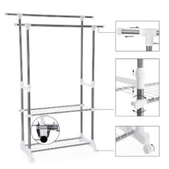 ACAZA Mobiel Kledingrek - Dubbelvoudig - 2 Rails - Zilvergrijs -Neiuwe Order 1000066951 0104